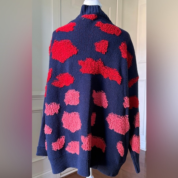 ANDTHEWHY Oversized Textured Cardigan Navy with Pink & Red Abstract Dots M/L - Picture 3 of 4